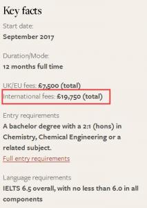 英国化学工程专业硕士课程,年度学费是19750英镑,约合人民币16万